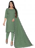 Chanderi Cotton Green Casual Wear Embroidery Work Churidar Suit